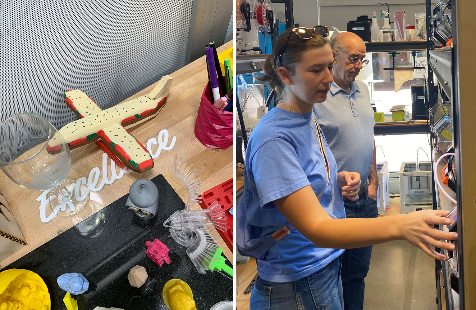 Diptych photo with a variety of 3D printed objects, arts and crafts on a table on the left side, and Maggie Ambrose and a staff member facing a shelf of 3D printers on the right side