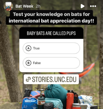 Screenshot of Instagram quiz about batpacks, featuring a title: test your knowledge about bats for international bat appreciation day.