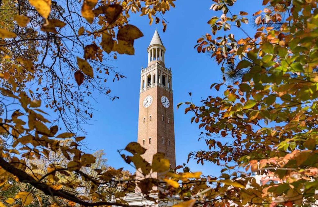 The UNC Bell Tower in the fall.
