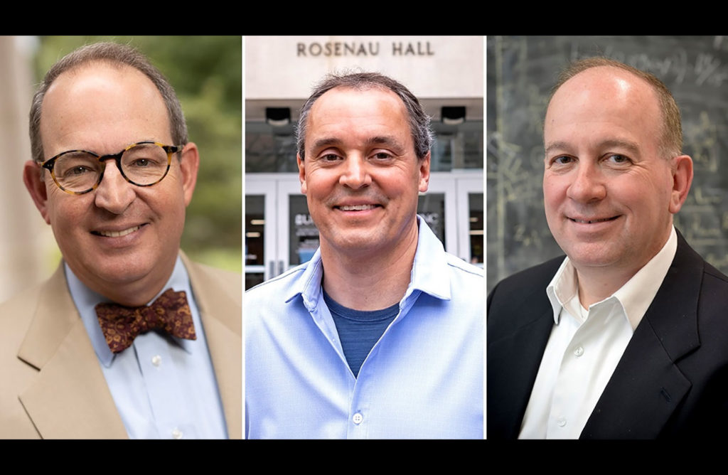 Martin Brinkley (left) and Gregory Characklis (center) are named Kenan Distinguished Professors and Chris Clemens (right) is named a Chancellor’s Eminent Professor of Convergent Science in the College of Arts & Sciences.