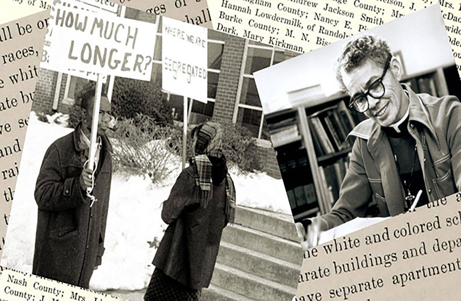 Black and white images of people holding signs for protests and of a priest sitting in a library