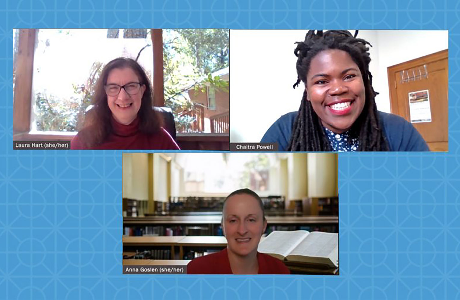 Archivists Laura, Anna, and Chaitra in a virtual meeting