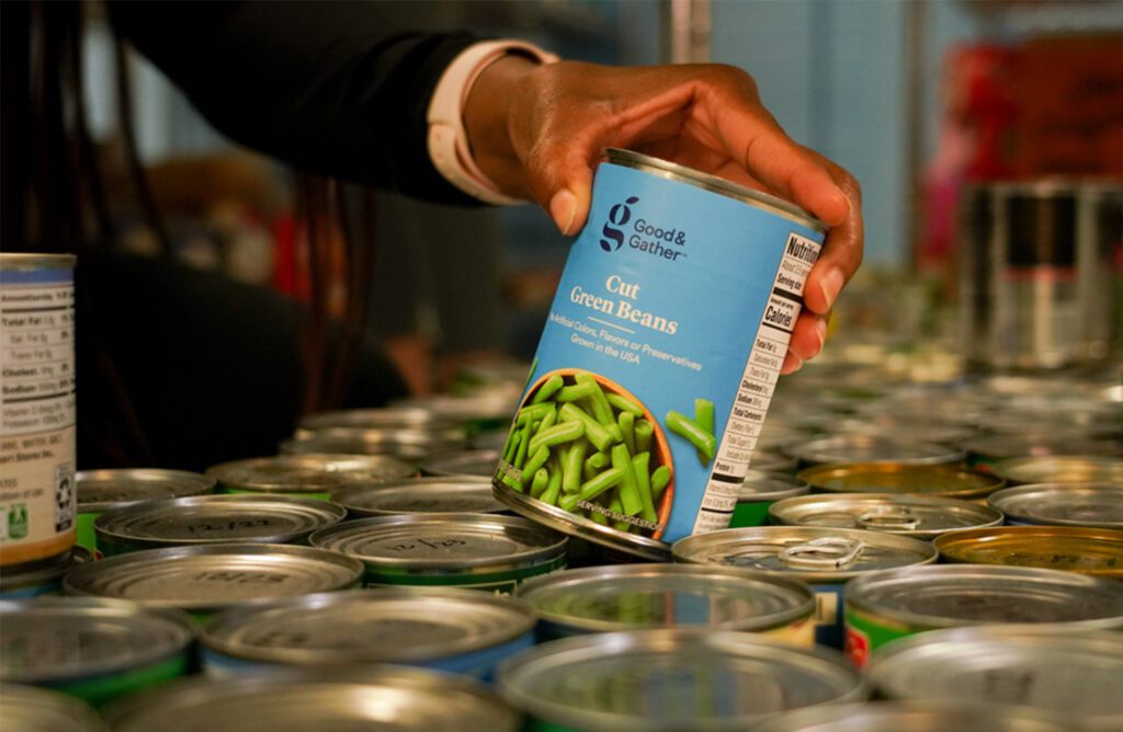 Cans are organized at a food bank