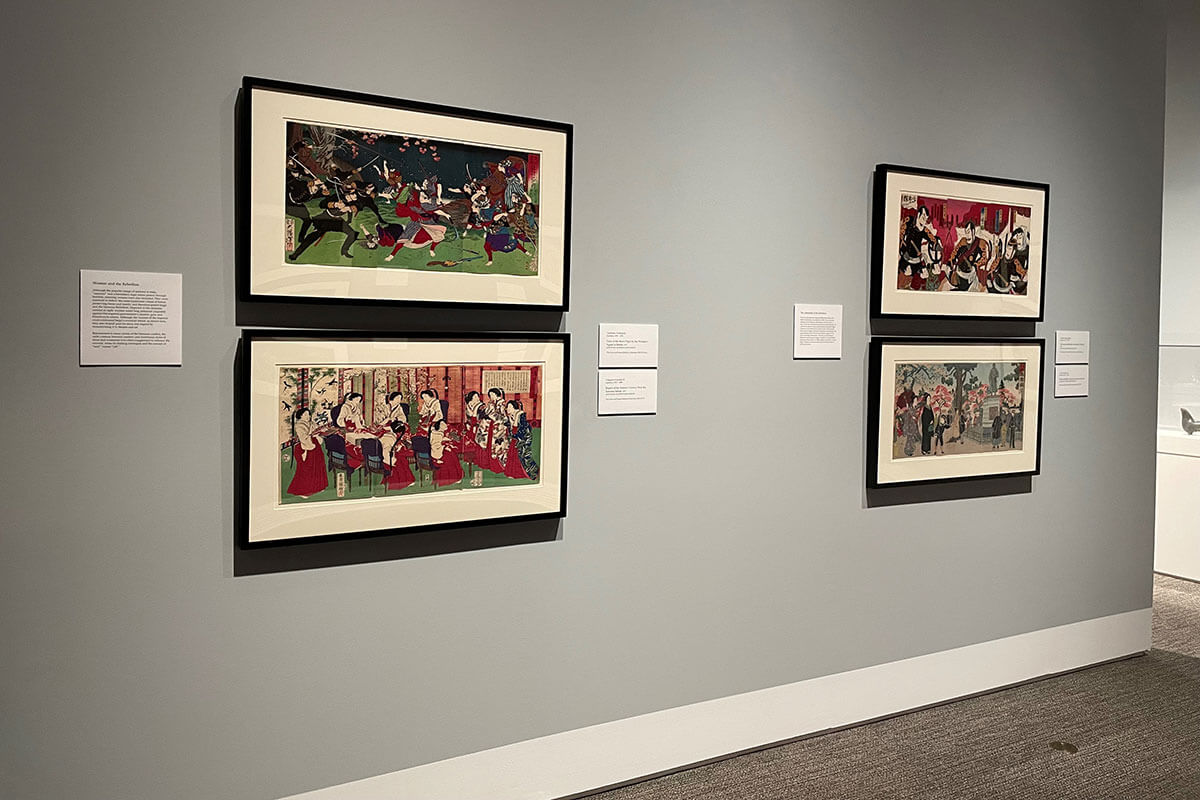 Exhibition at the Ackland Art Museum featuring prints depicting the Satsuma Rebellion.